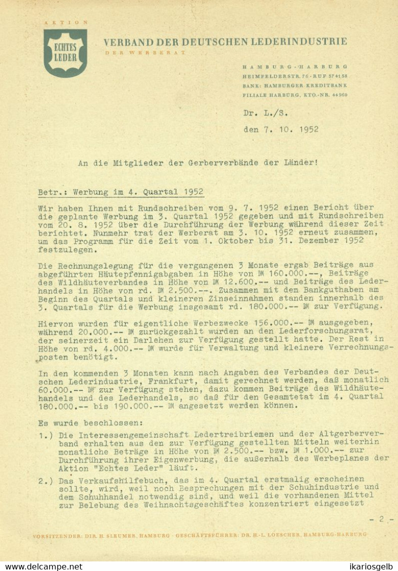 Hamburg 1952 Deko Rechnung /Kopf " Verband Der Deutschen Lederindustrie Rundschreiben " - Kleding & Textiel