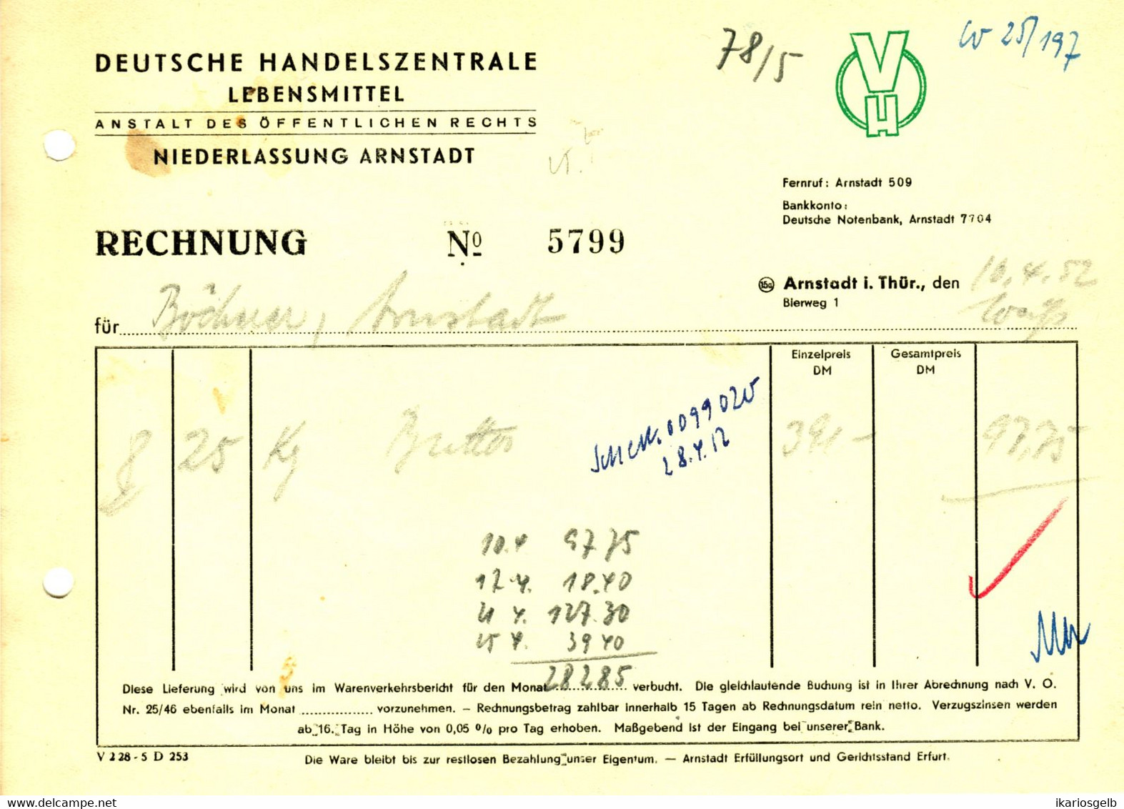 Arnstadt Thüringen 1952 Rechnung " Deutsche Handelszentrale Lebensmittel " - Alimentare