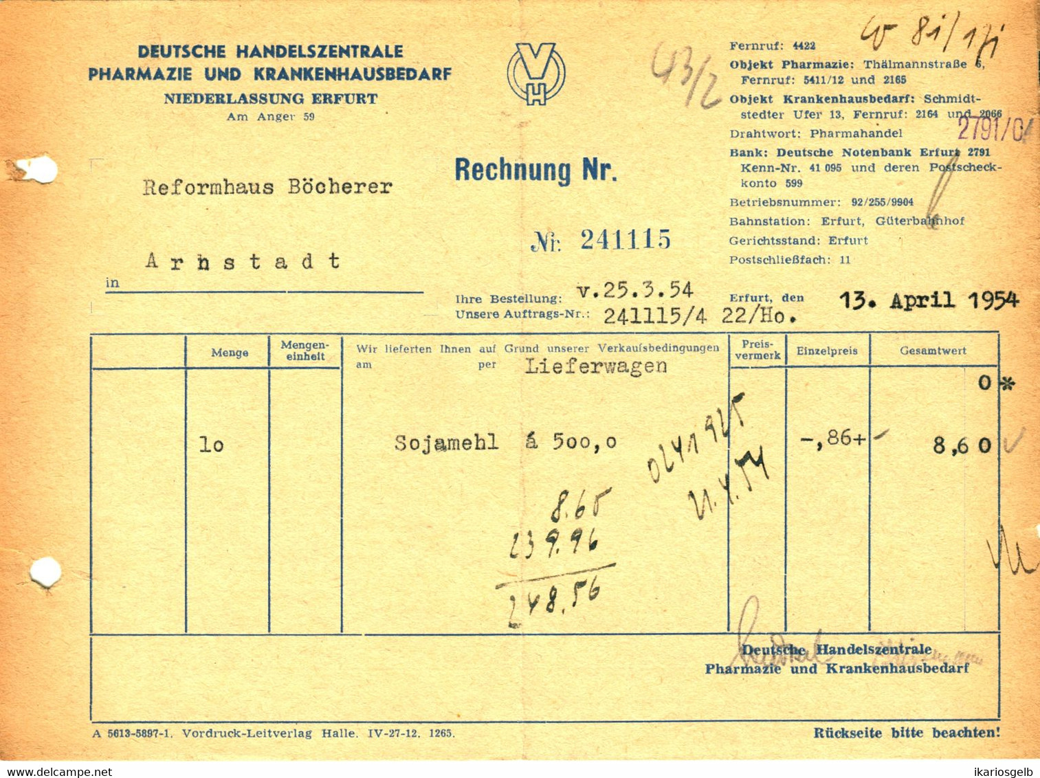 Erfurt Thüringen DDR 1954 Rechnung " Deutsche Handelszentrale Pharmazie Krankenhausbedarf " - Perfumería & Droguería
