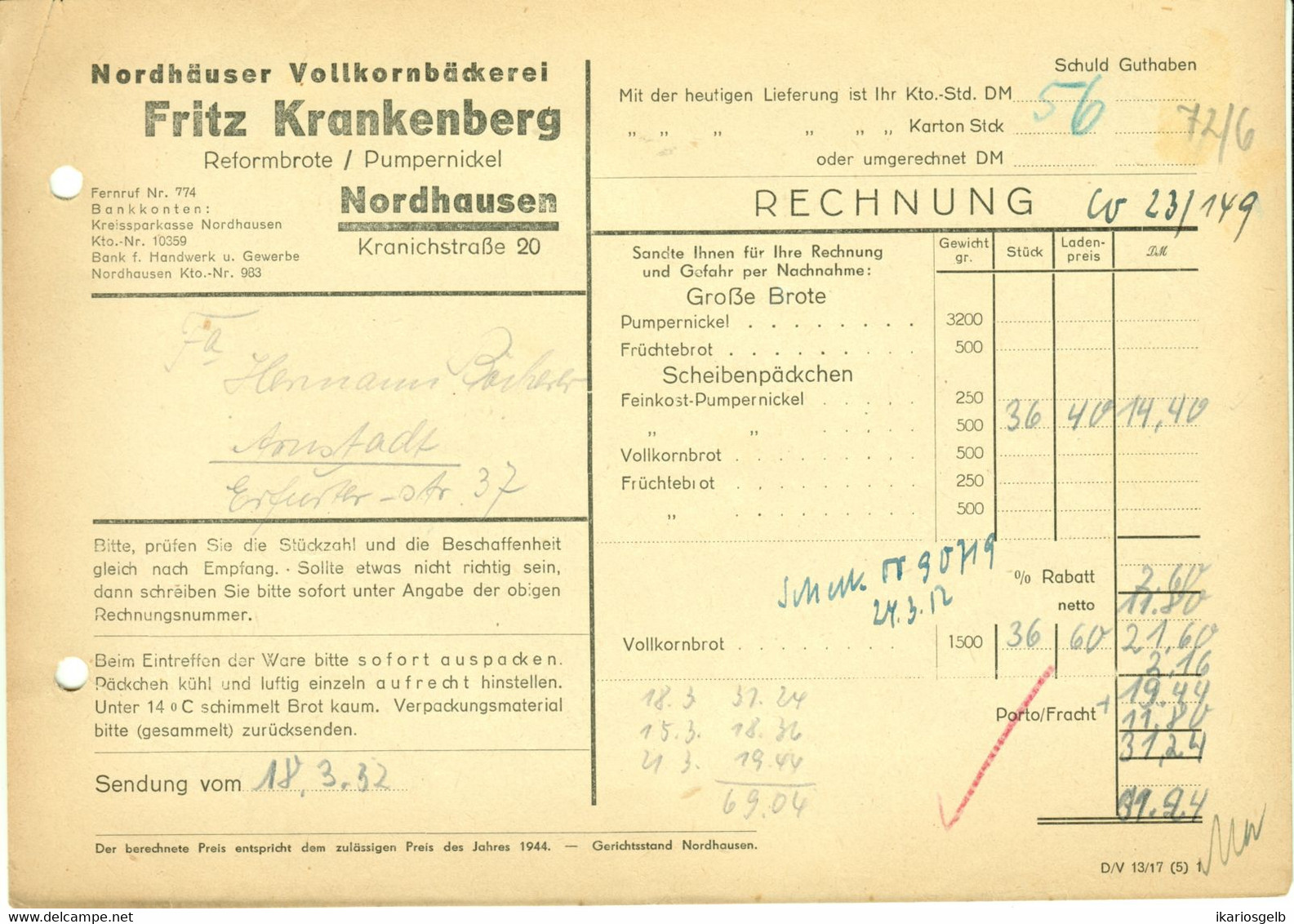 Nordhausen Harz Thüringen DDR 1952 Rechnung " Fritz Krankenberg Vollkornbäckerei Pumpernickel Reformbrote " - Lebensmittel