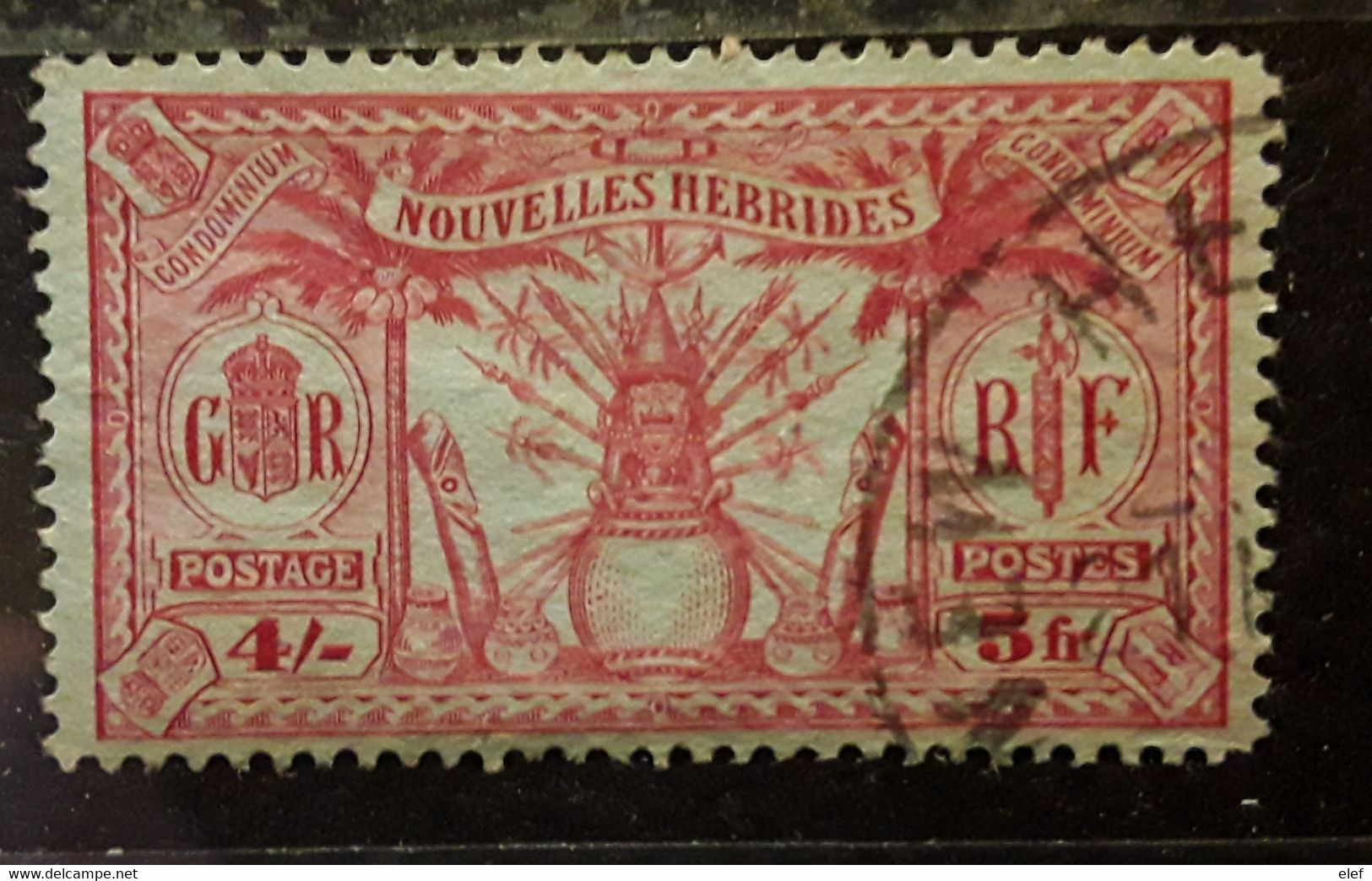 NEW NOUVELLES HEBRIDES 1925 Yvert No 90, 4 Shillings , 5 F Carmin Sur Vert Obl VFU,  TB - Used Stamps