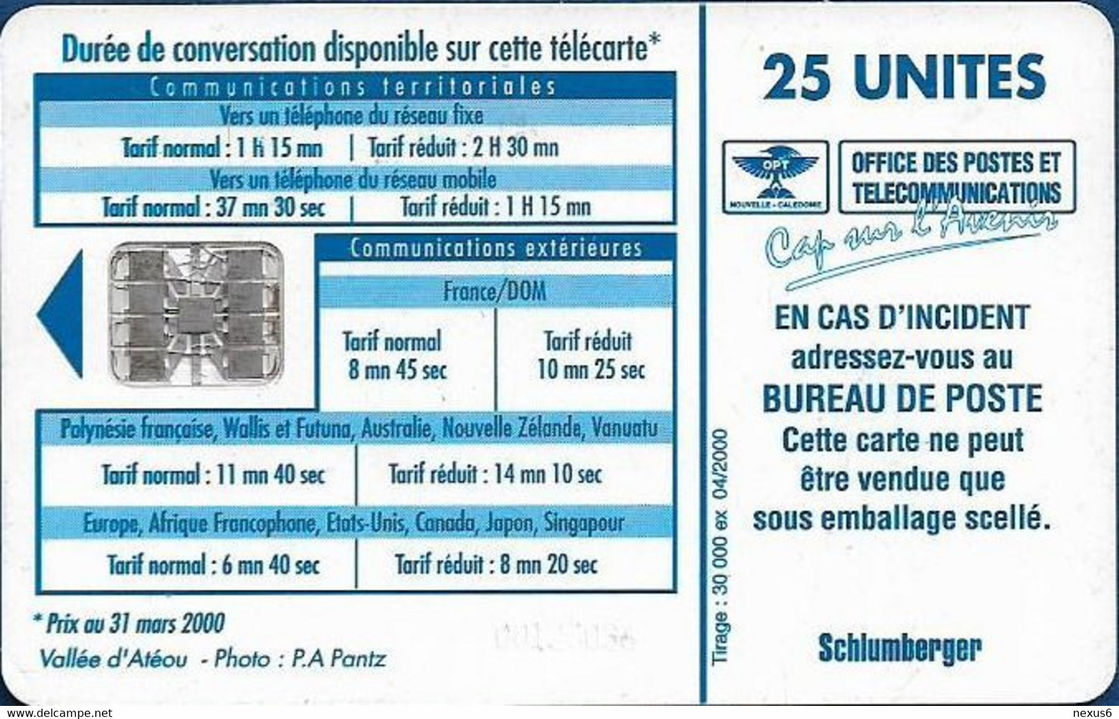 New Caledonia - OPT - Vallée D'Athéou, Chip SC7, 04.2000, 25Units, 30.000ex, Used - Nouvelle-Calédonie