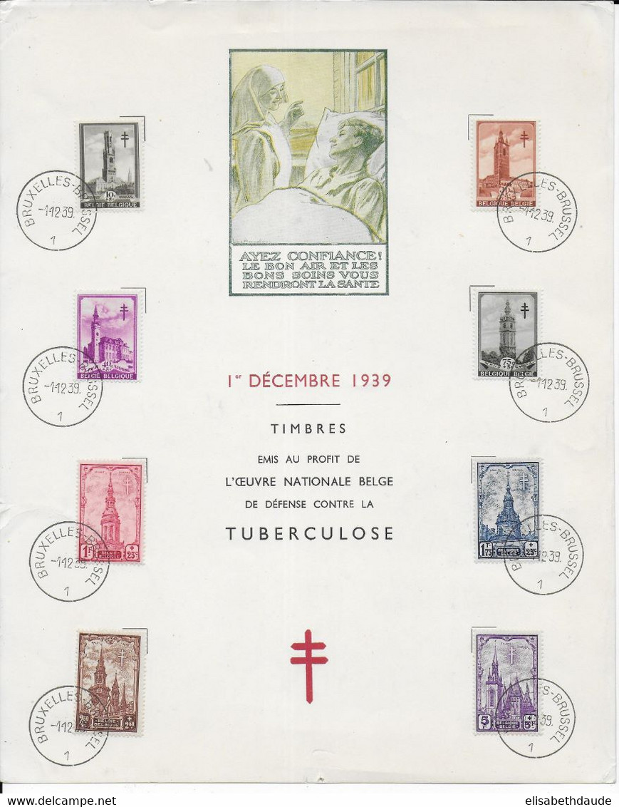 BELGIQUE - 1939 - SERIE TUBERCULOSE COMPLETE OBLITEREE Sur FEUILLET SPECIAL De BRUXELLES - YVERT N°519/526 - Lettres & Documents