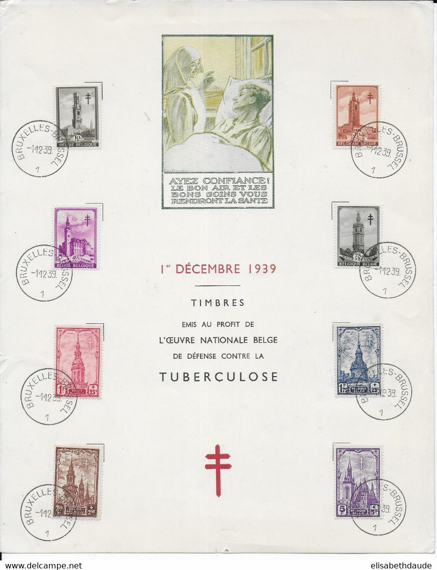 BELGIQUE - 1939 - SERIE TUBERCULOSE COMPLETE OBLITEREE Sur FEUILLET SPECIAL De BRUXELLES - YVERT N°519/526 - Covers & Documents