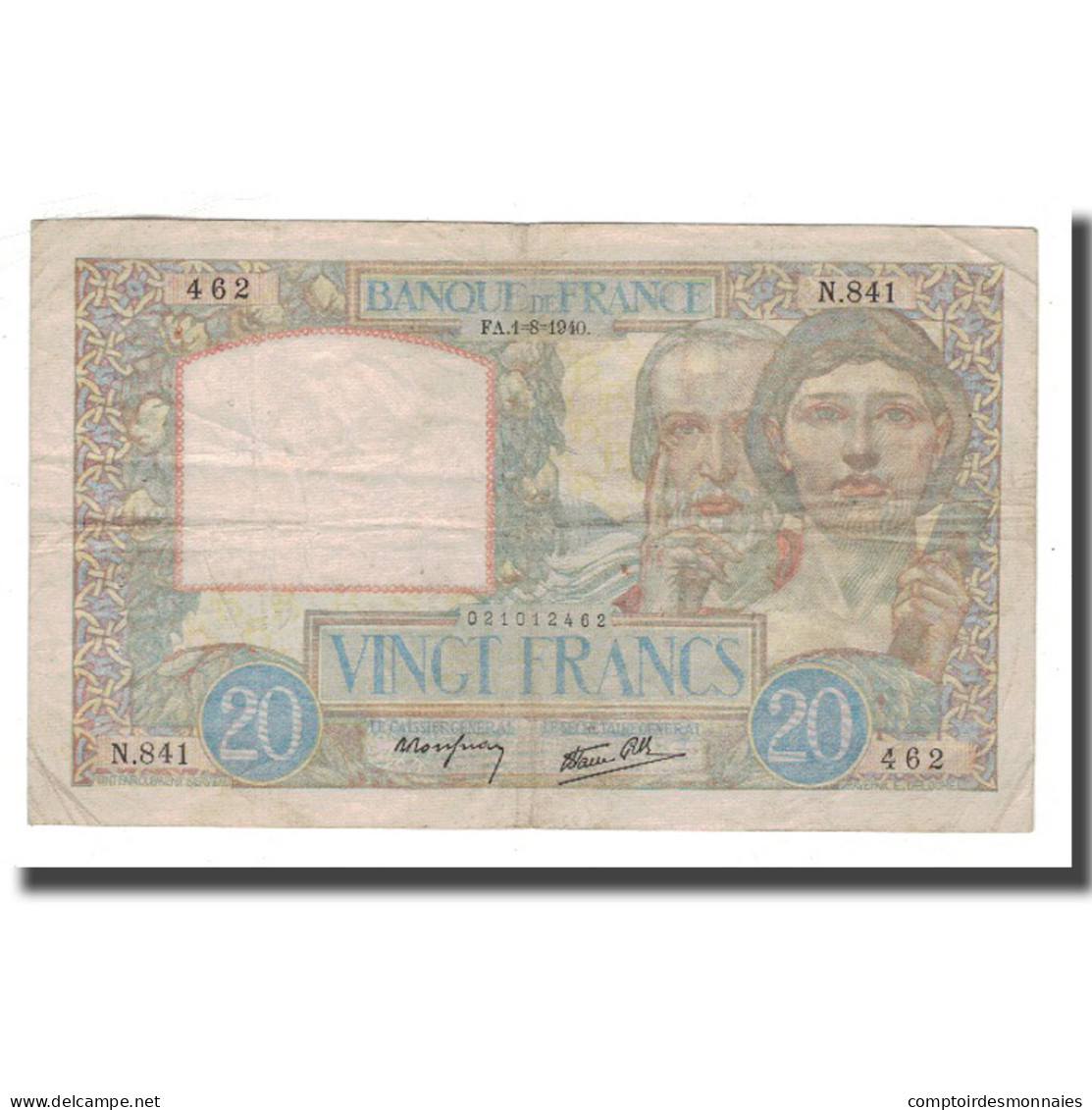 France, 20 Francs, Science Et Travail, 1940, 1940-08-01, TB, Fayette:12.5 - 20 F 1939-1942 ''Science Et Travail''