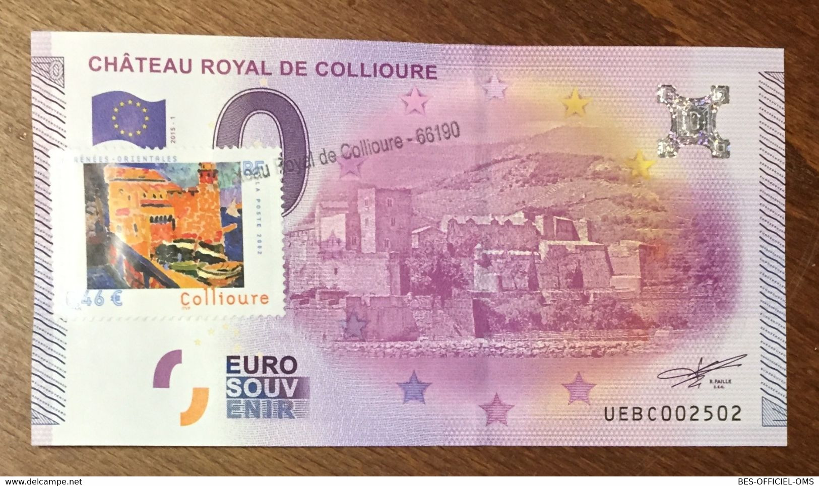 2015 BILLET 0 EURO SOUVENIR DPT 66 CHÂTEAU ROYAL DE COLLIOURE + TIMBRE ZERO 0 EURO SCHEIN BANKNOTE PAPER MONEY - Pruebas Privadas