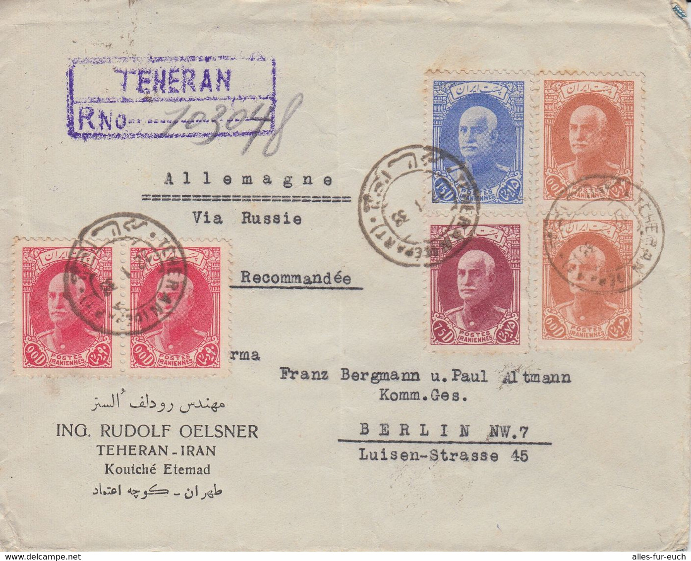 R-Brief 1938 Iran, Persien / Teheran / Berlin über Russland - Geschäftspost Apparatebau Berlin - Iran