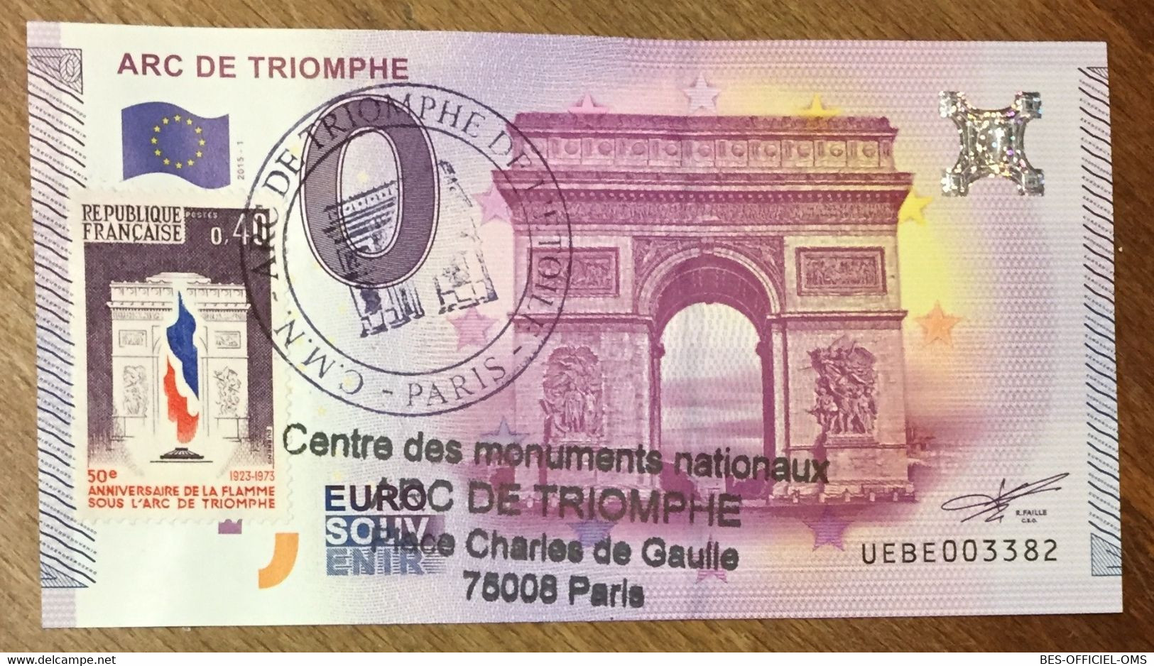 2015 BILLET 0 EURO SOUVENIR DPT 75 ARC DE TRIOMPHE + TIMBRE ZERO 0 EURO SCHEIN BANKNOTE PAPER MONEY - Private Proofs / Unofficial