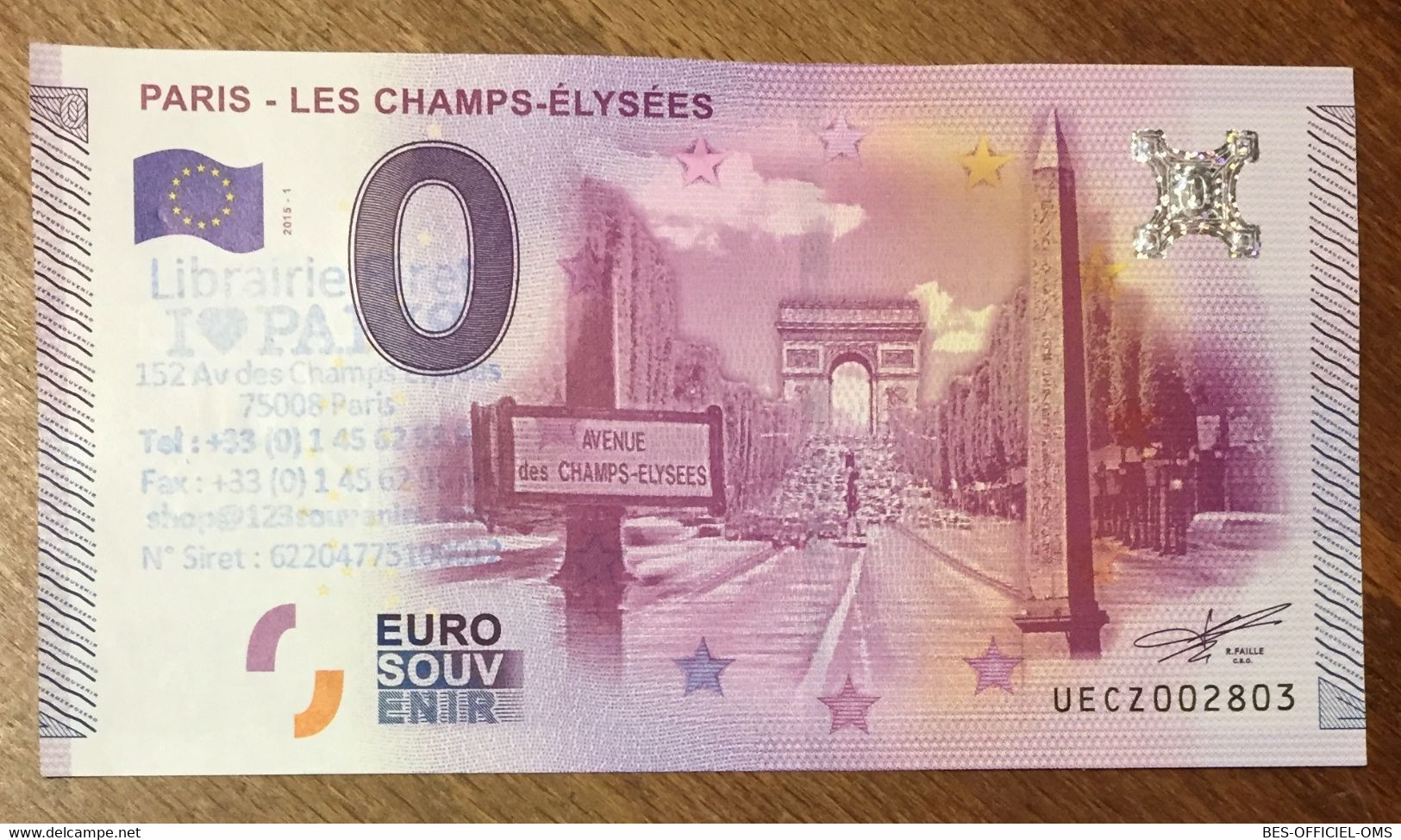 2015 BILLET 0 EURO SOUVENIR DPT 75 PARIS LES CHAMPS-ÉLYSÉES + TAMPON ZERO 0 EURO SCHEIN BANKNOTE PAPER MONEY - Private Proofs / Unofficial