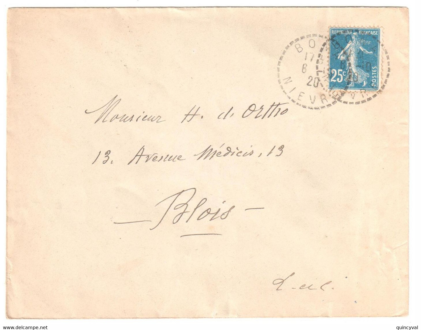 BONA Nièvre Lettre 25c Semeuse Bleu Yv 140 Ob1920 Recette Distribution Lautier B4 Cercle Pointillé - Briefe U. Dokumente