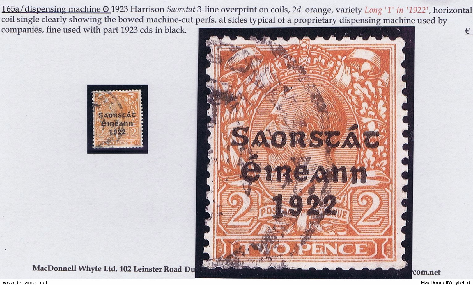 Ireland 1923 Harrison Coils Saorstat 3-line Ovpt On 2d Orange Var "Long 1 In 1922" Used Cds, Shows Typical Perfs From Af - Used Stamps