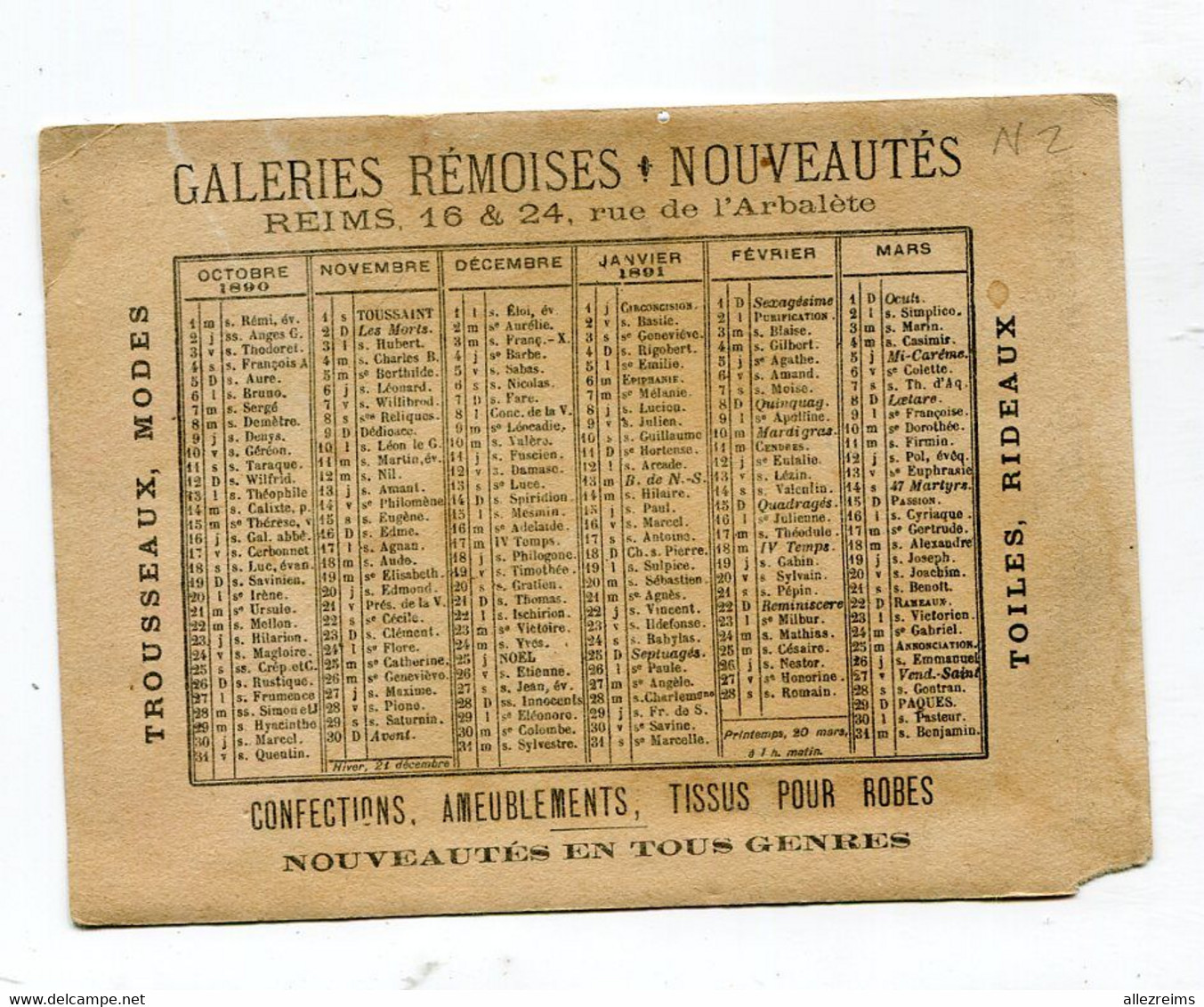 Calendrier 1890-1891 : Pub Galeries Rémoises Reims   Format 142*106 Mm      VOIR  DESCRIPTIF  §§§§ - Small : ...-1900