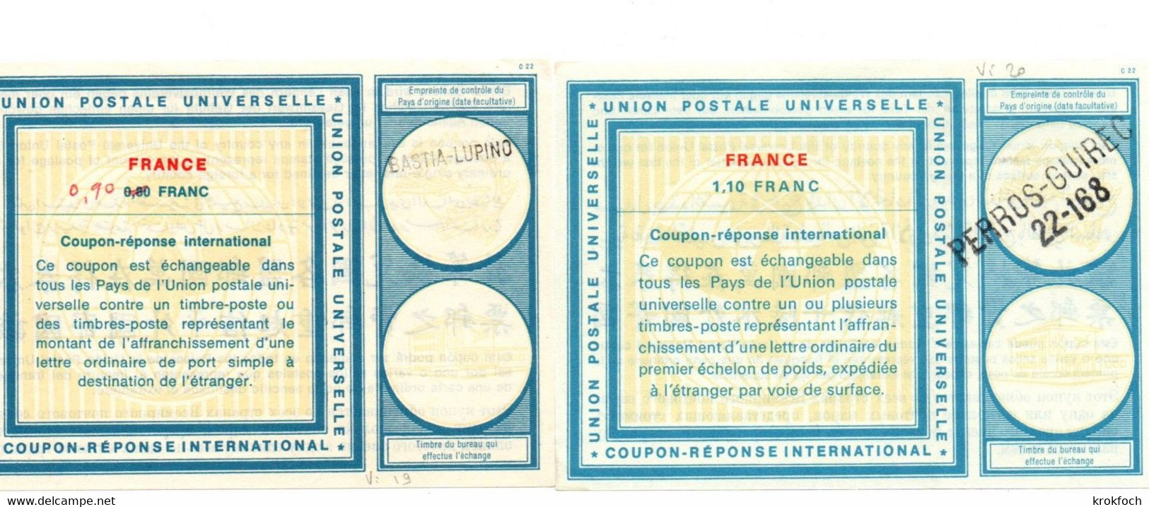 France - 2 Coupon-réponse Type Vienne 19 & 20 - Griffe Bastia-Lupino Corse & Perros-Guirec - IAS CRI IRC - Coupons-réponse