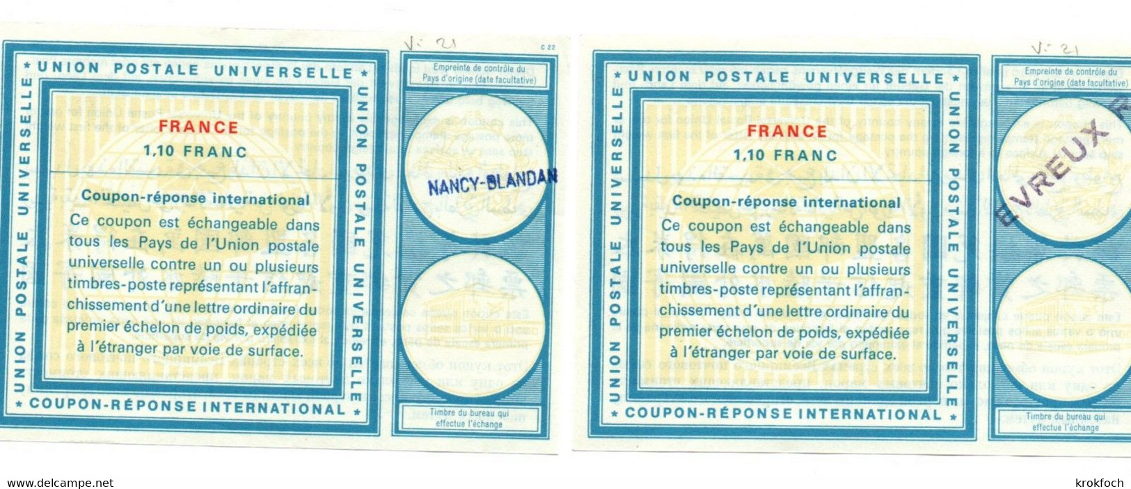 France - 2 Coupon-réponse Type Vienne 21 - Griffe Nancy-Blandan & Evreux RP - IAS CRI IRC - Coupons-réponse