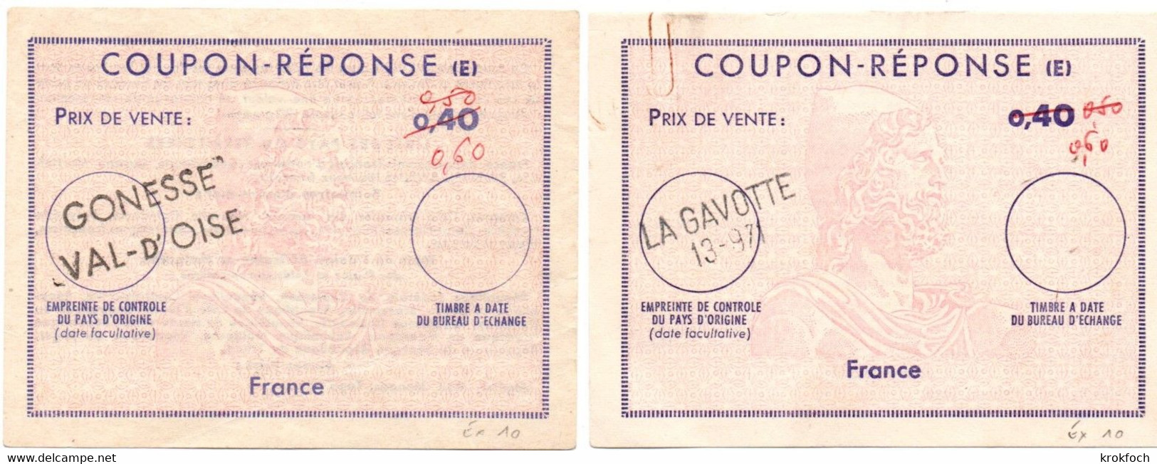 France - 2 Coupon-réponse Type Ex 10 - Griffe La Gavotte 13-971 & Gonesse Val D'Oise - IAS CRI IRC - Buoni Risposte