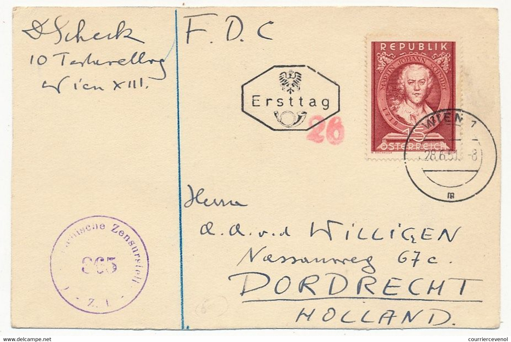 AUTRICHE - Martin Johann Schmidt - Oblitération WIEN 1 - 28/6/1951 + Censure (pour Hollande) - FDC