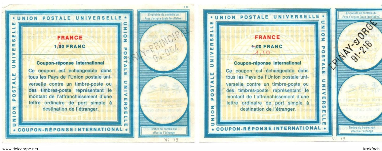 France - 2 Coupon-réponse Type Vienne 19  - Griffe Orly Principal & Epinay-s/-Orge - IAS CRI IRC - Antwoordbons