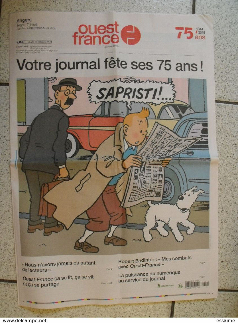 Ouest-France  Du 17 Octobre 2019 (spécial 75 Ans). Couverture Tintin Pleine Page - Altri & Non Classificati