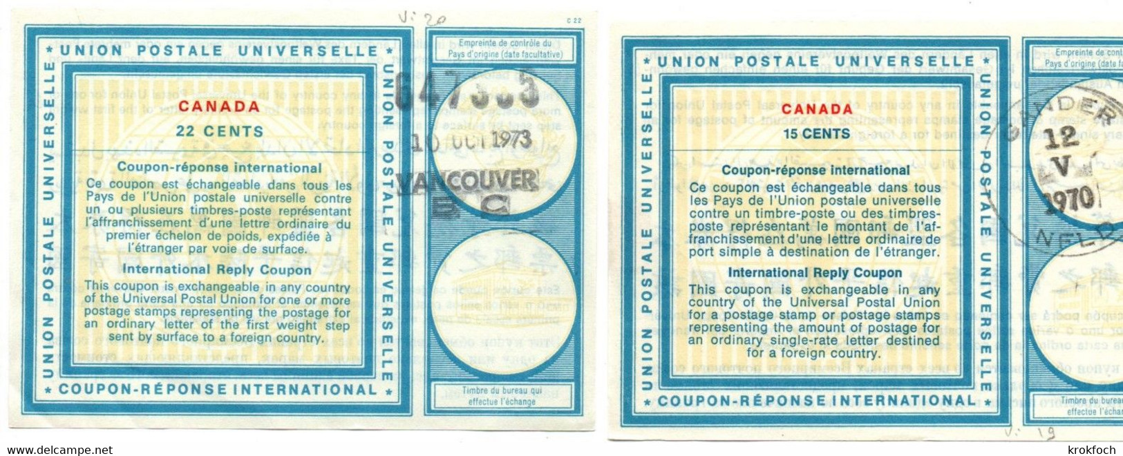 Canada - Coupon-réponse Type Vi 19 & 20 - 15 & 22 Cents - Gander 1970 & Vancouver 1973 - IAS CRI IRC - Antwoordcoupons