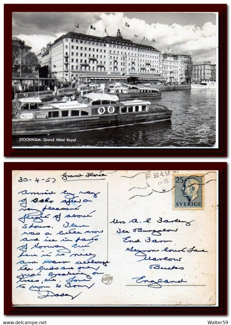 1957 Sverige Sweden Postcard Grand Hotel Royal Stockholm Sent To England - Other & Unclassified