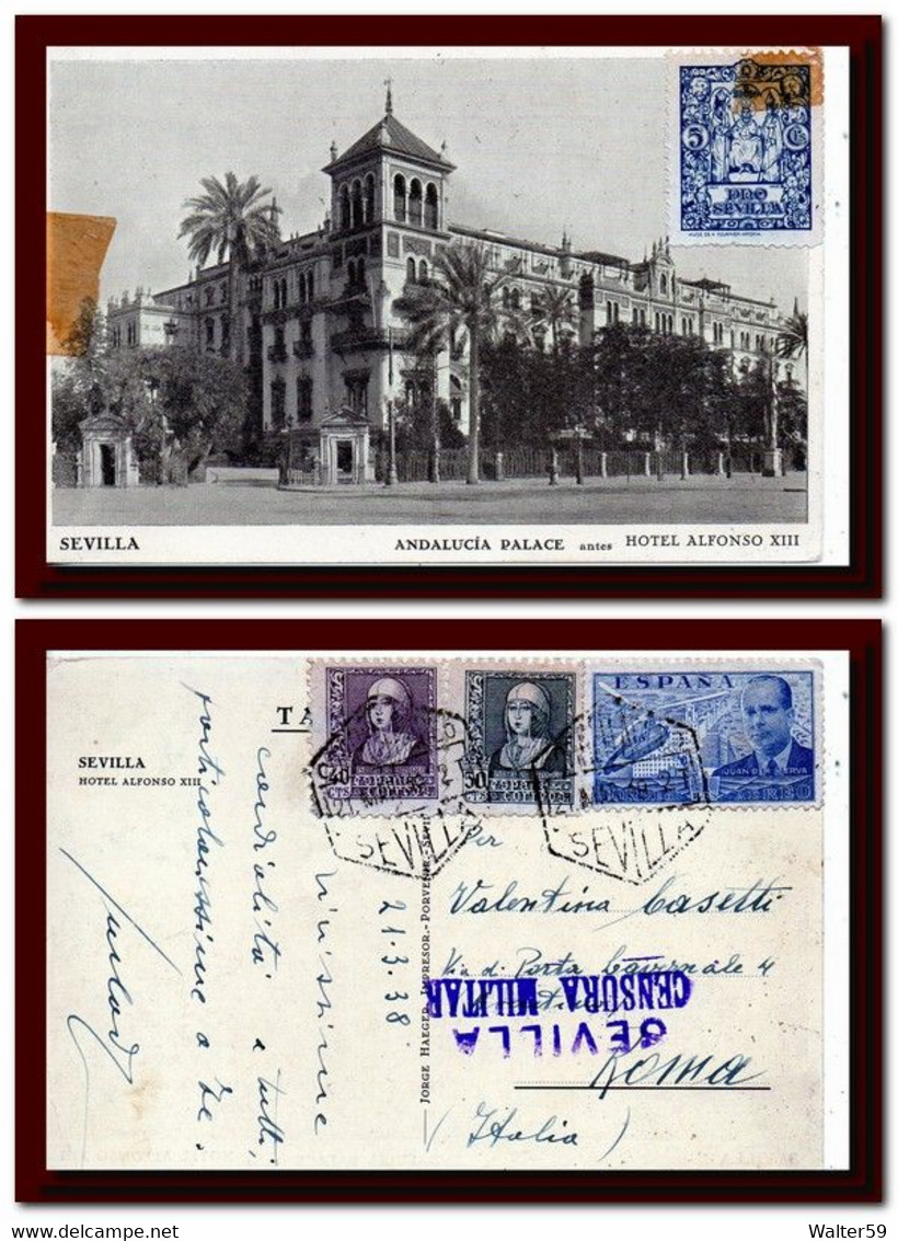 1938 Espana Spain Tarjeta De Sevilla A Italia Censura Militar Y Cenicienta Postcard - Bolli Di Censura Nazionalista