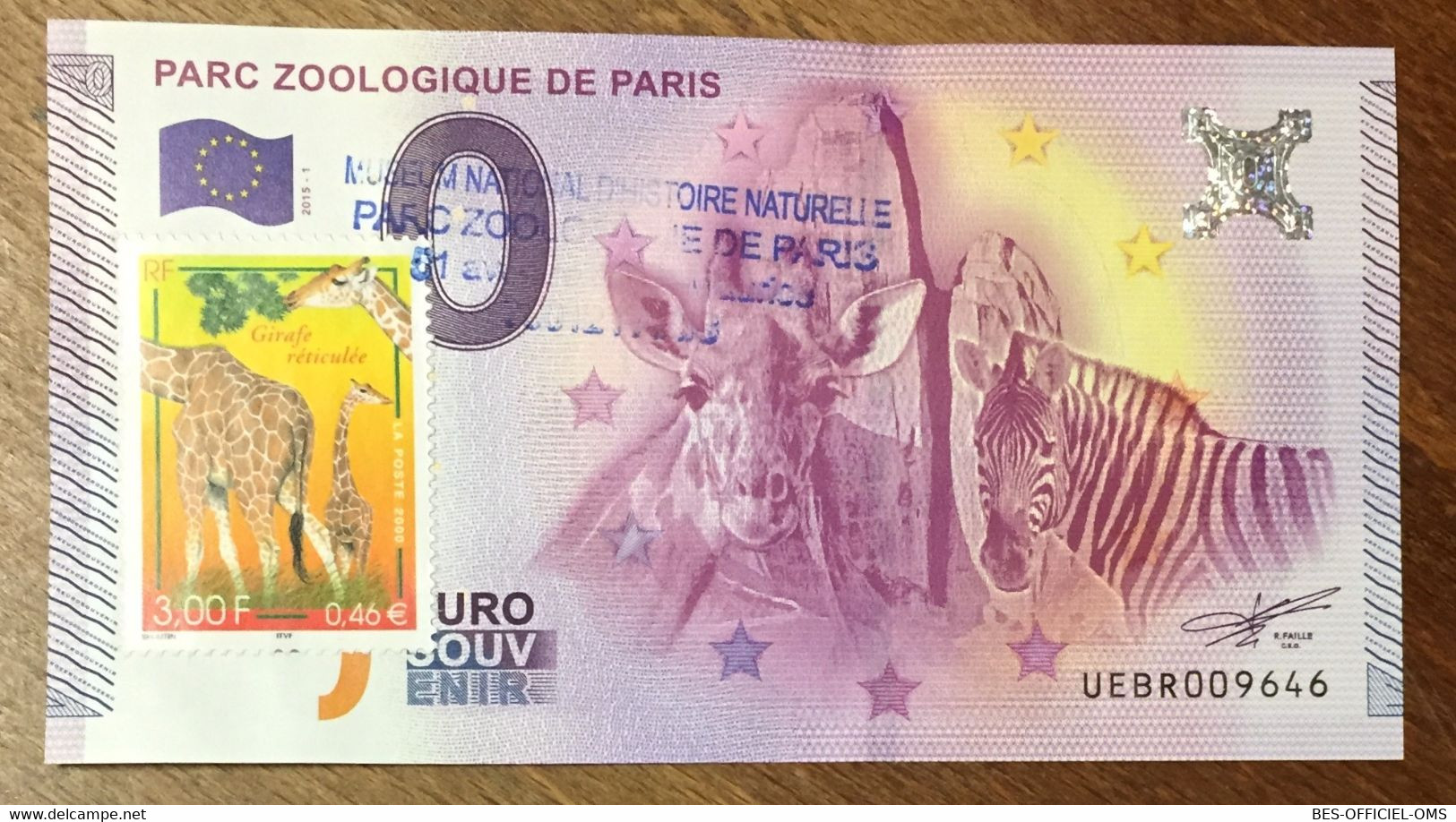 2015 BILLET 0 EURO SOUVENIR DPT 75 PARC ZOOLOGIQUE DE PARIS + TIMBRE ZERO 0 EURO SCHEIN BANKNOTE PAPER MONEY - Private Proofs / Unofficial