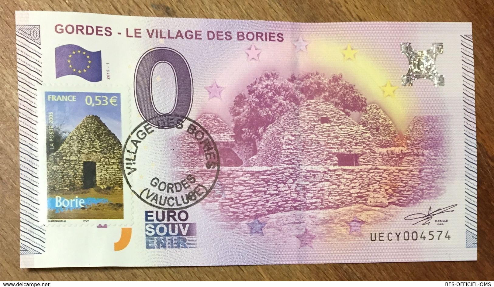 2015 BILLET 0 EURO SOUVENIR DPT 84 GORDES - LE VILLAGE DES BORIES + TIMBRE ZERO 0 EURO SCHEIN BANKNOTE PAPER MONEY - Privatentwürfe