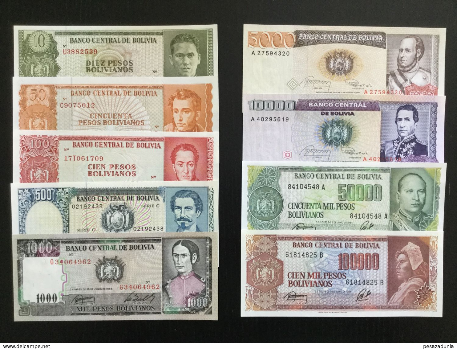 BOLIVIA SET 10 50 100 500 1000 5000 10000 50000 100000 BOLIVIANOS BANKNOTES UNC - Bolivia