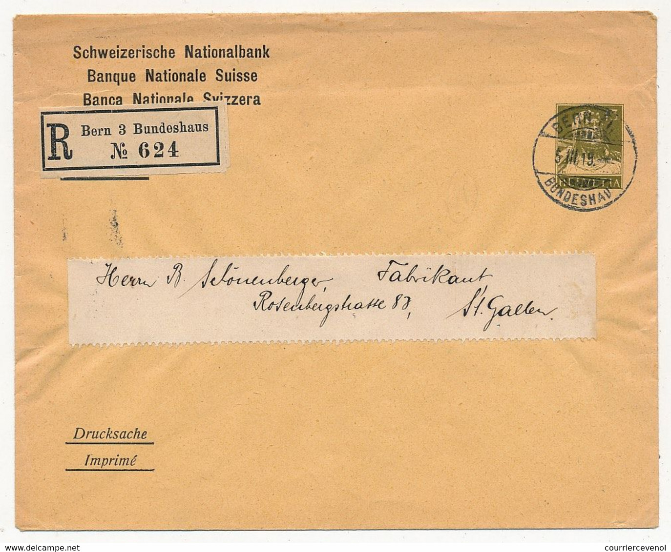 SUISSE - Enveloppe (Entier Postal PRIVÉ) 13c - Banque Nationale Suisse - Recommandé Bern 3 -1919 - Entiers Postaux