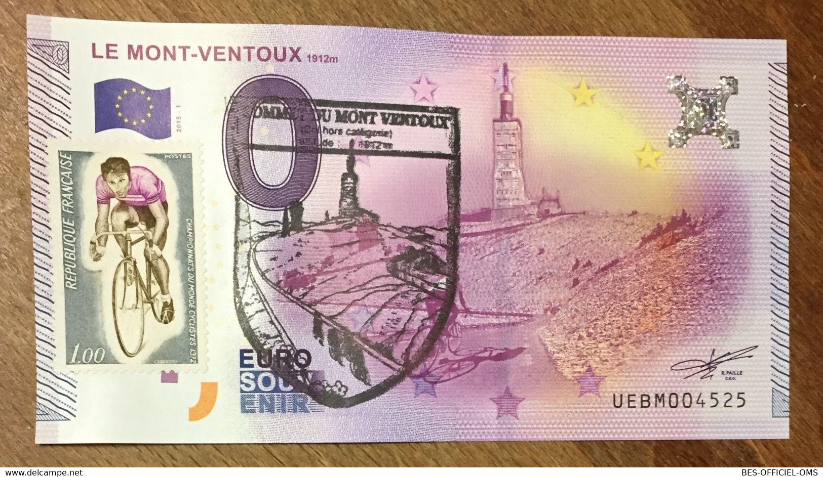 2015 BILLET 0 EURO SOUVENIR DPT 84 LE MONT-VENTOUX + TIMBRE ZERO 0 EURO SCHEIN BANKNOTE PAPER MONEY - Privatentwürfe