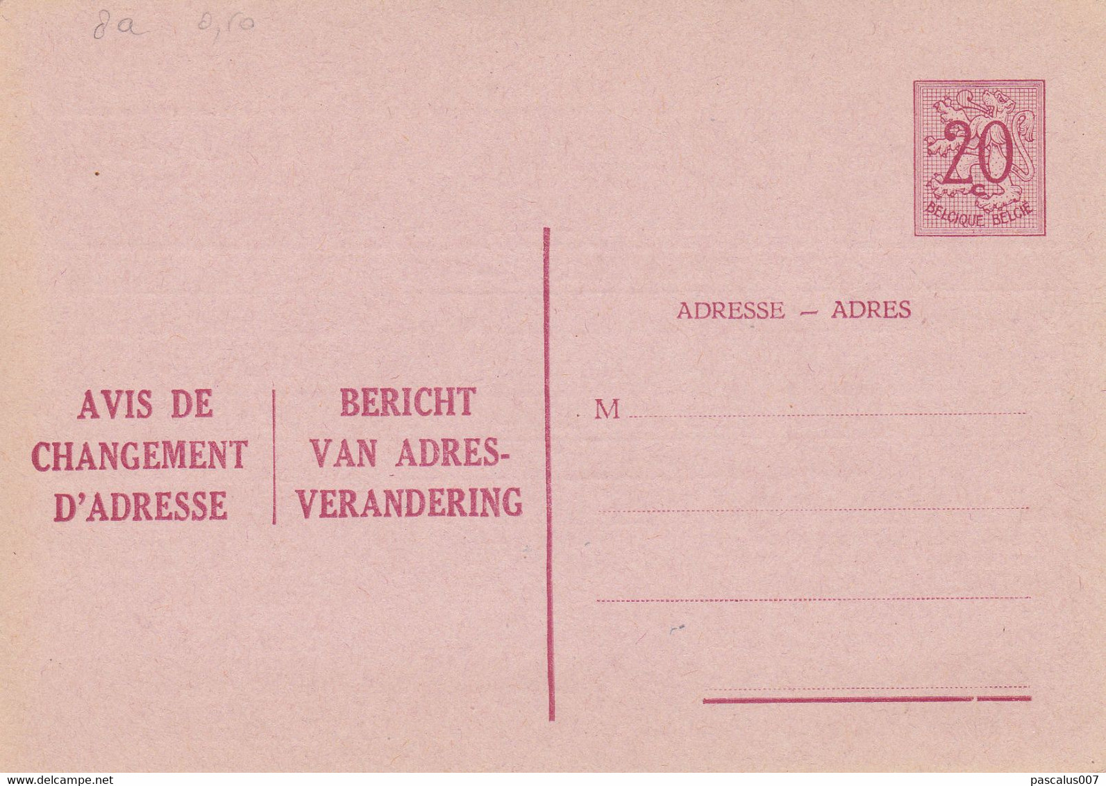B01-193 AP - Entier Postal - Carte Postale Avis De Changement D'adresse N° 08a I - Chiffre Sur Lion HÚraldique - 0,20 C - Avis Changement Adresse