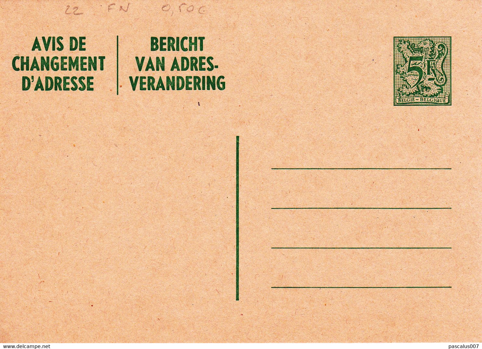 B01-193 AP - Entier Postal - Carte Postale Avis De Changement D'adresse N° 22 FN - Chiffre Sur Lion Héraldique Avec Band - Addr. Chang.