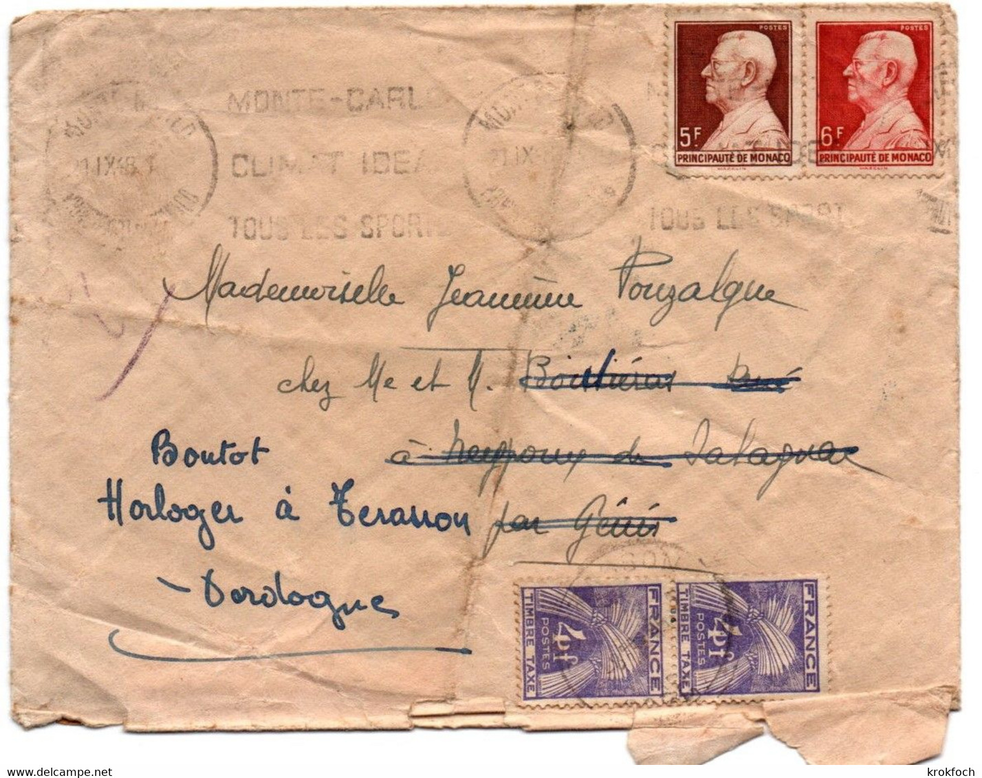 Monte-Carlo 1948 - Lettre Pour La France Taxée à L'arrivée - Sonstige & Ohne Zuordnung