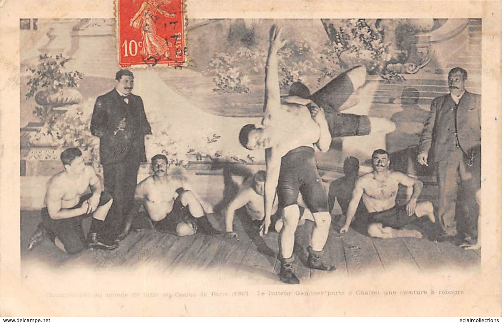 Thème Sport. Lutte. Championnat Du Monde Paris 1901   Combat  Gambier - Chalzet     . Décollée       (voir Scan) - Wrestling