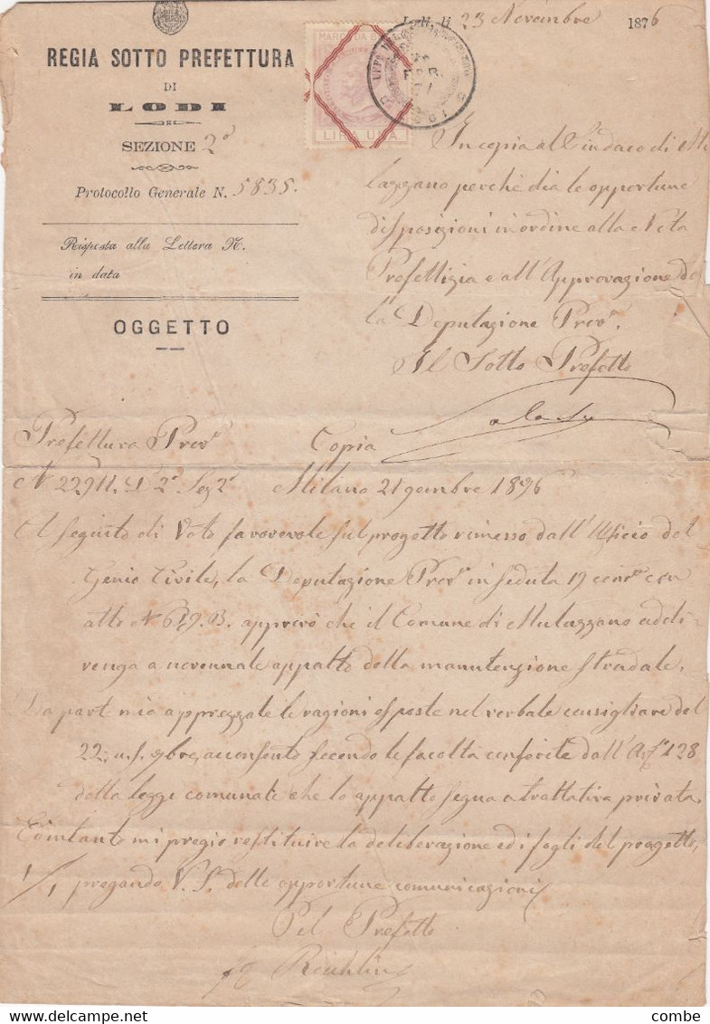 23 NOV 1876. UNA LIRA MARCA DA BOLLO. REGIA SOTTO PREFETTURA DI LODI - Revenue Stamps