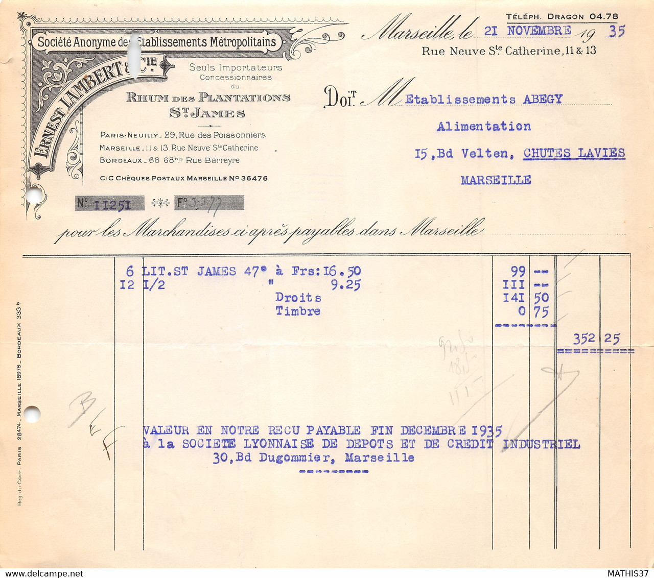 26-0803    1935 RHUM DES PLANTATIONS SAINT JAMES ERNEST LAMBERT A MARSEILLE - ETS ABEGY A MARSEILLE - 1900 – 1949