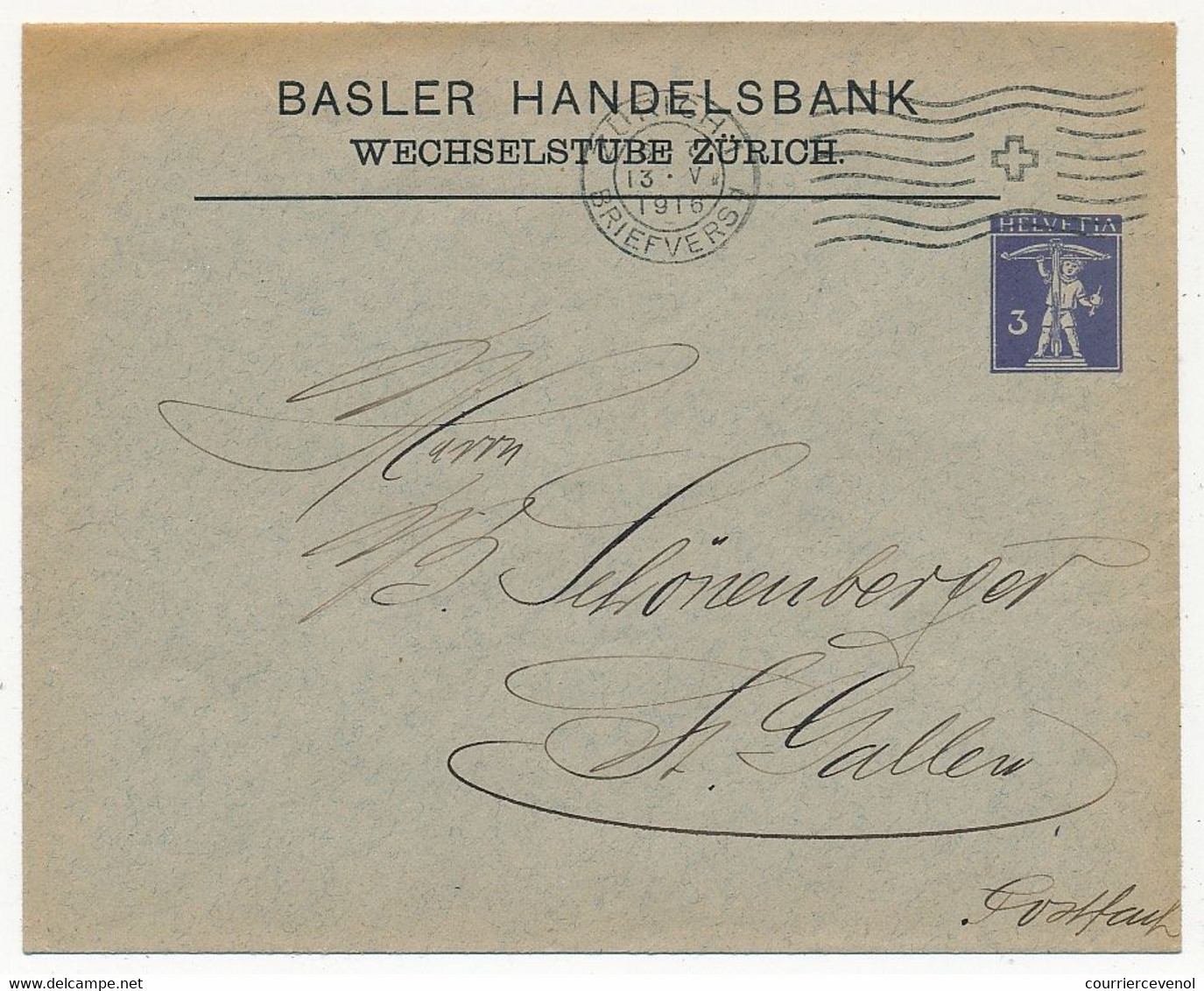 SUISSE - Enveloppe (Entier Postal PRIVÉ) 3c Guillaume Tell - Basler Handelsbank Zurich - 1916 - Entiers Postaux