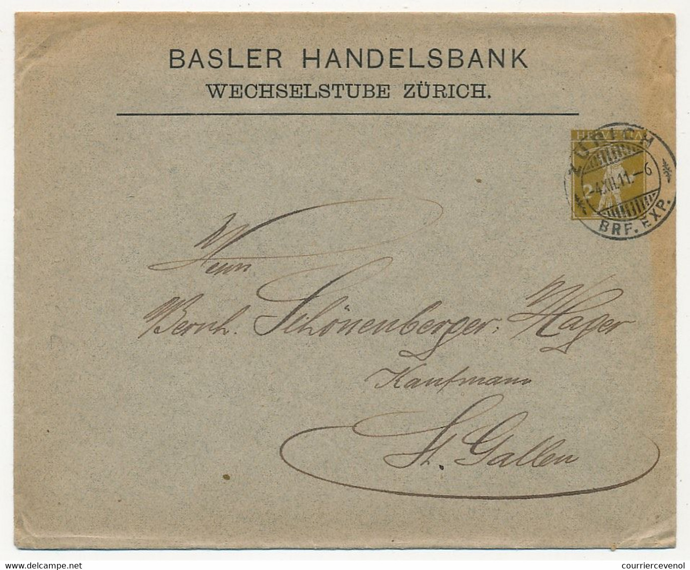 SUISSE - Enveloppe (Entier Postal PRIVÉ) 2c Guillaume Tell - Basler Handelsbank Zurich - 1911 - Entiers Postaux