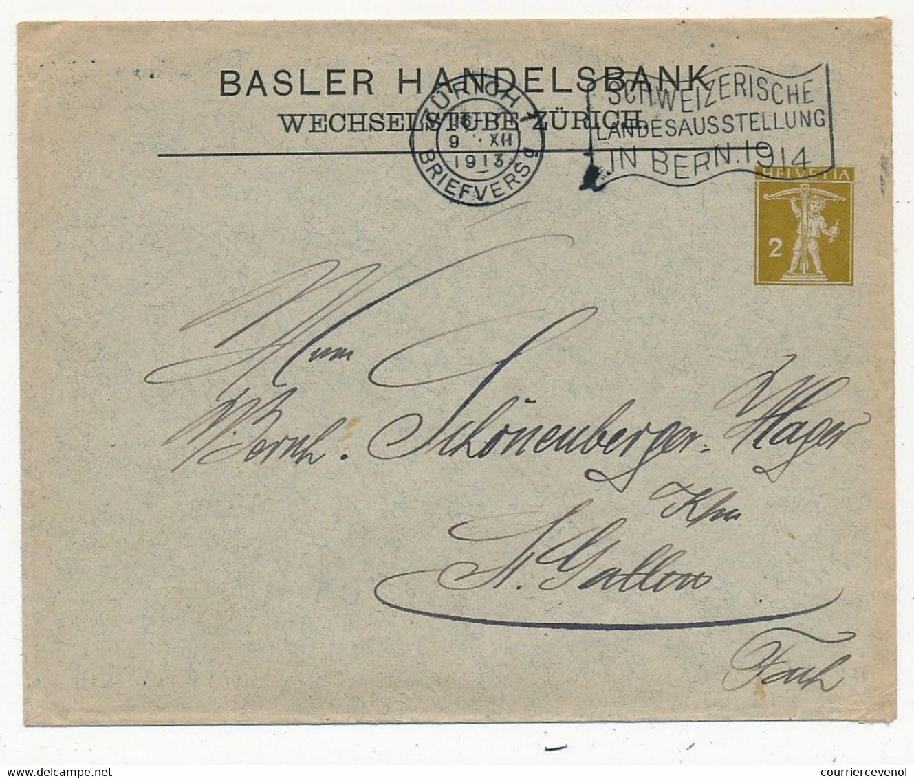 SUISSE - Enveloppe (Entier Postal PRIVÉ) 2c Guillaume Tell - Basler Handelsbank Zurich - 1913 - Entiers Postaux