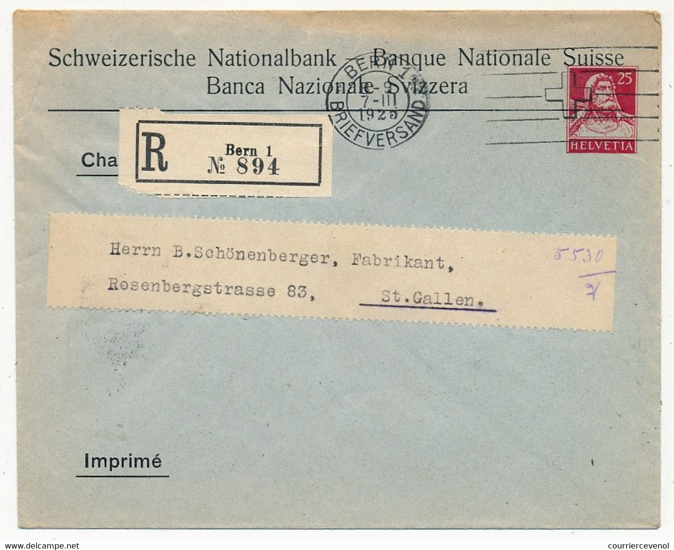 SUISSE - Enveloppe (Entier Postal PRIVÉ) 25c Helvetia - Banque Nationale Suisse - Recommandée Bern 1 - 1925 - Entiers Postaux