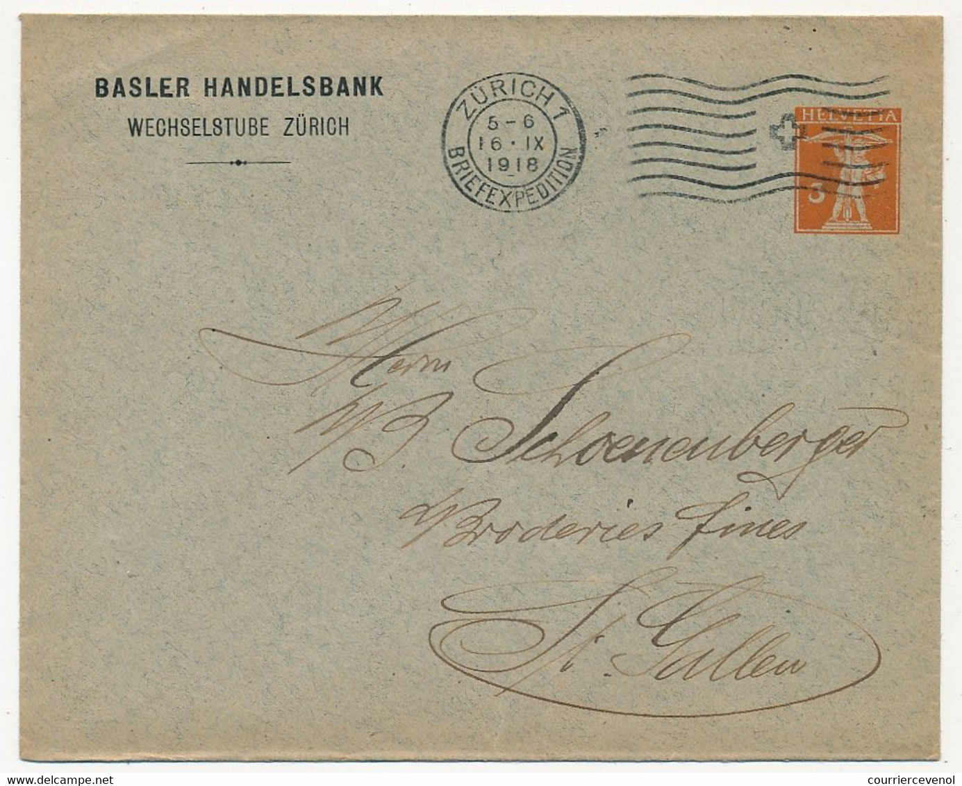 SUISSE - Enveloppe (Entier Postal PRIVÉ) 5c Guillaume Tell - Basler Handelsbank Zûrich - 1918 - Postwaardestukken