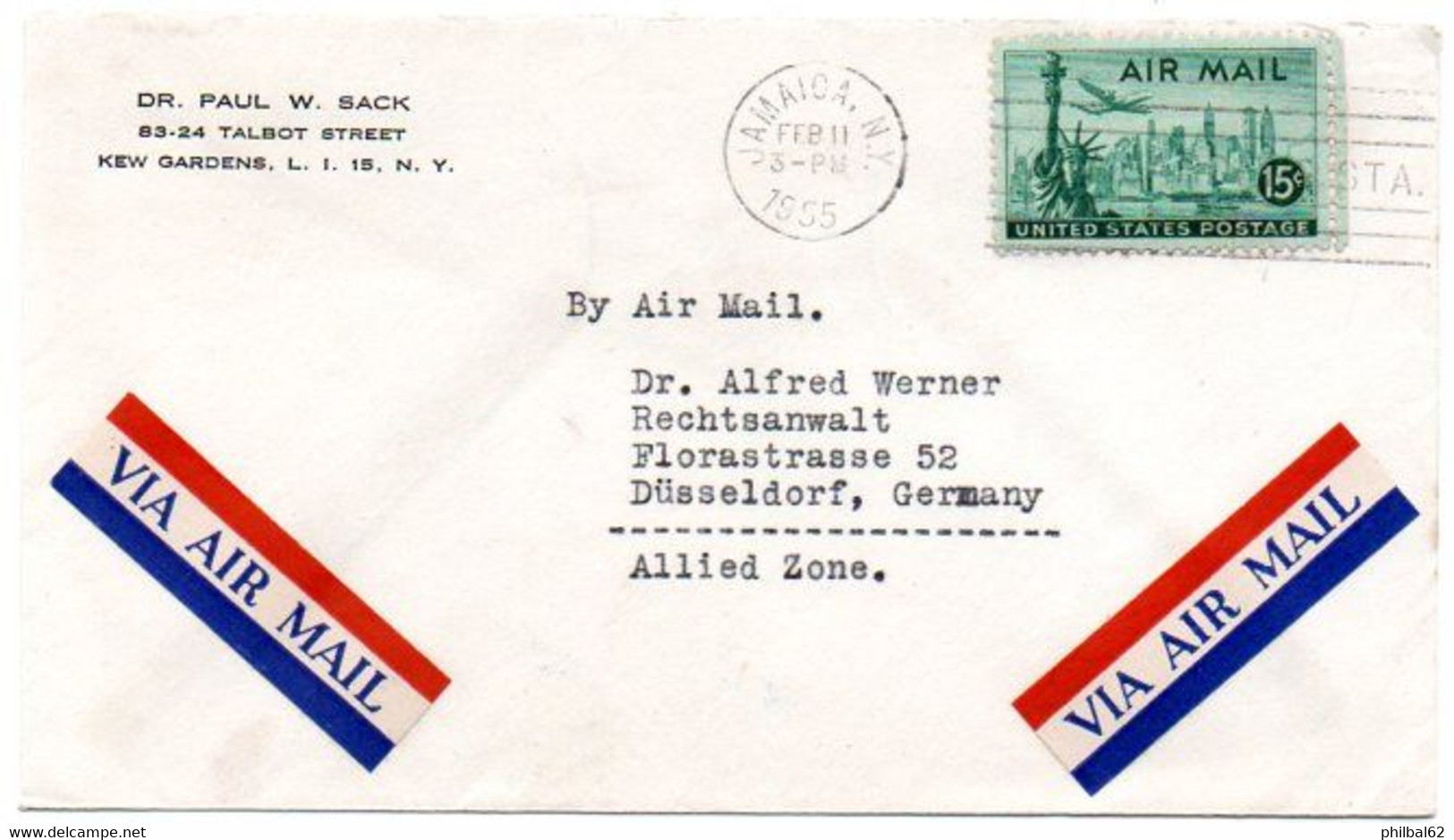 USA. Air Mail Service To Jamaïca, N-Y To Düsseldorf, Germany. Feb 2 / 1955 - Sonstige & Ohne Zuordnung