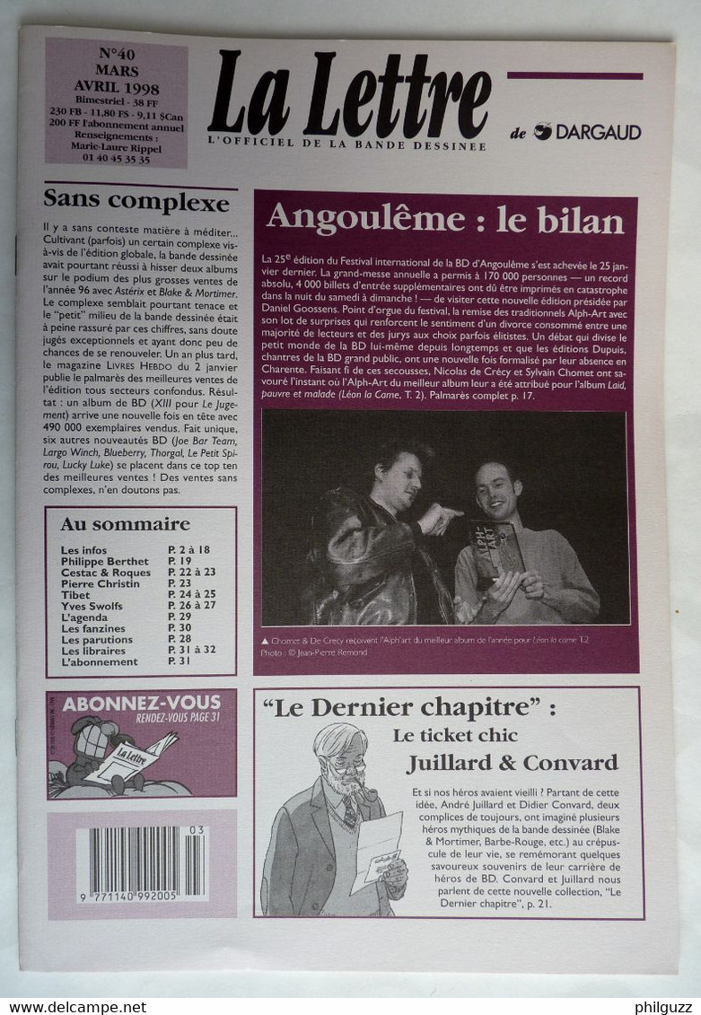 MAGAZINE LA LETTRE DARGAUD N°40 1998 GREG BERTHET CONVARD JUILLARD CESTAC CHRISTIN TIBET SWOLFS - Lettre De Dargaud, La