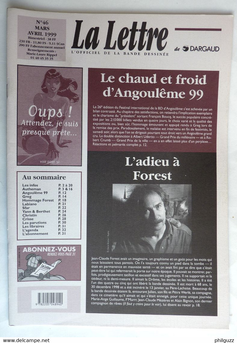 MAGAZINE LA LETTRE DARGAUD N°46 1999 GREG FOREST LABIANO SFAR YANN BERTHET CHRISTIN CRISSE - Lettre De Dargaud, La