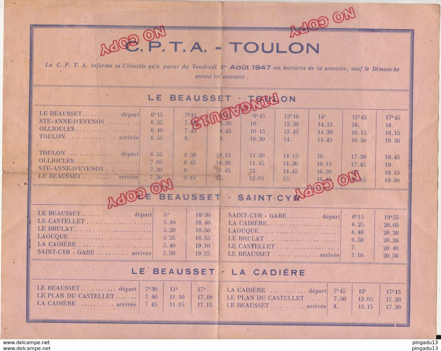 Au Plus Rapide Horaires Car CPTA Toulon La Cadière Sainte Anne D'Evenos Beausset Ollioules ... 1 Er Août 1947 - Europa