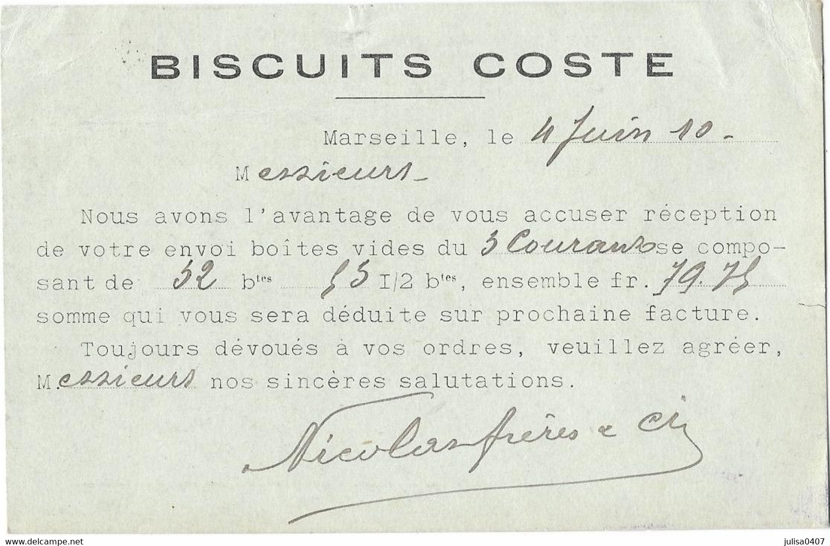 MARSEILLE (13) Carte Commerciale Publicitaire Biscuits Coste - Unclassified