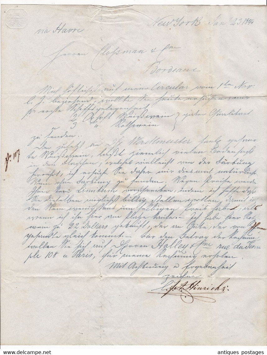 Lettre 1845 New York Charles Frederick Albrecht Hinrichs Via Le Havre Bordeaux Gironde Clossmann - …-1845 Préphilatélie