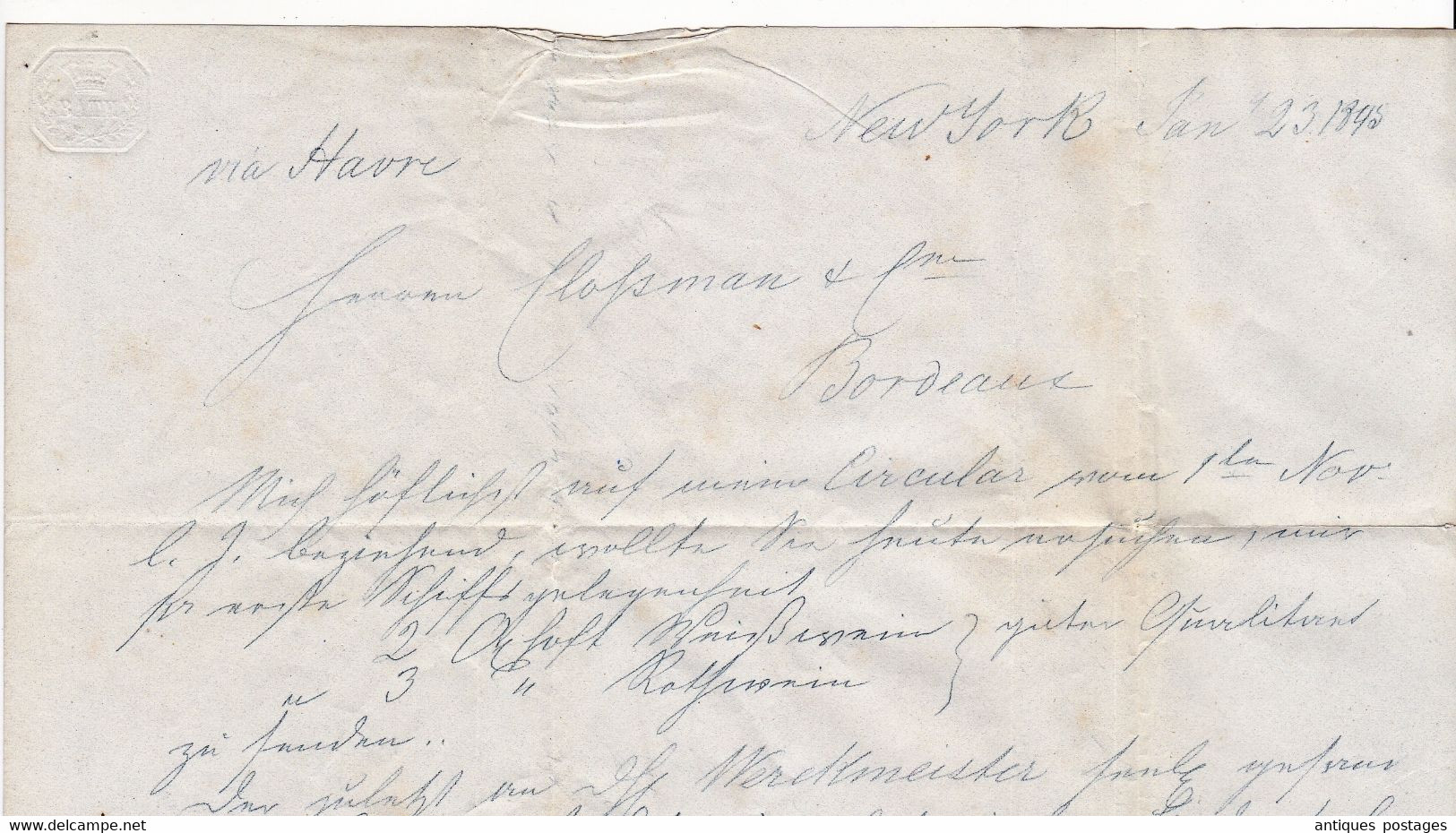 Lettre 1845 New York Charles Frederick Albrecht Hinrichs Via le Havre Bordeaux Gironde Clossmann