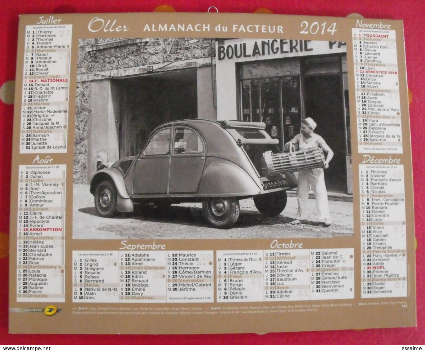 Almanach Des PTT. Oller. Calendrier Poste 2014. Citroën 2CV, Renault 4L - Big : 1981-90