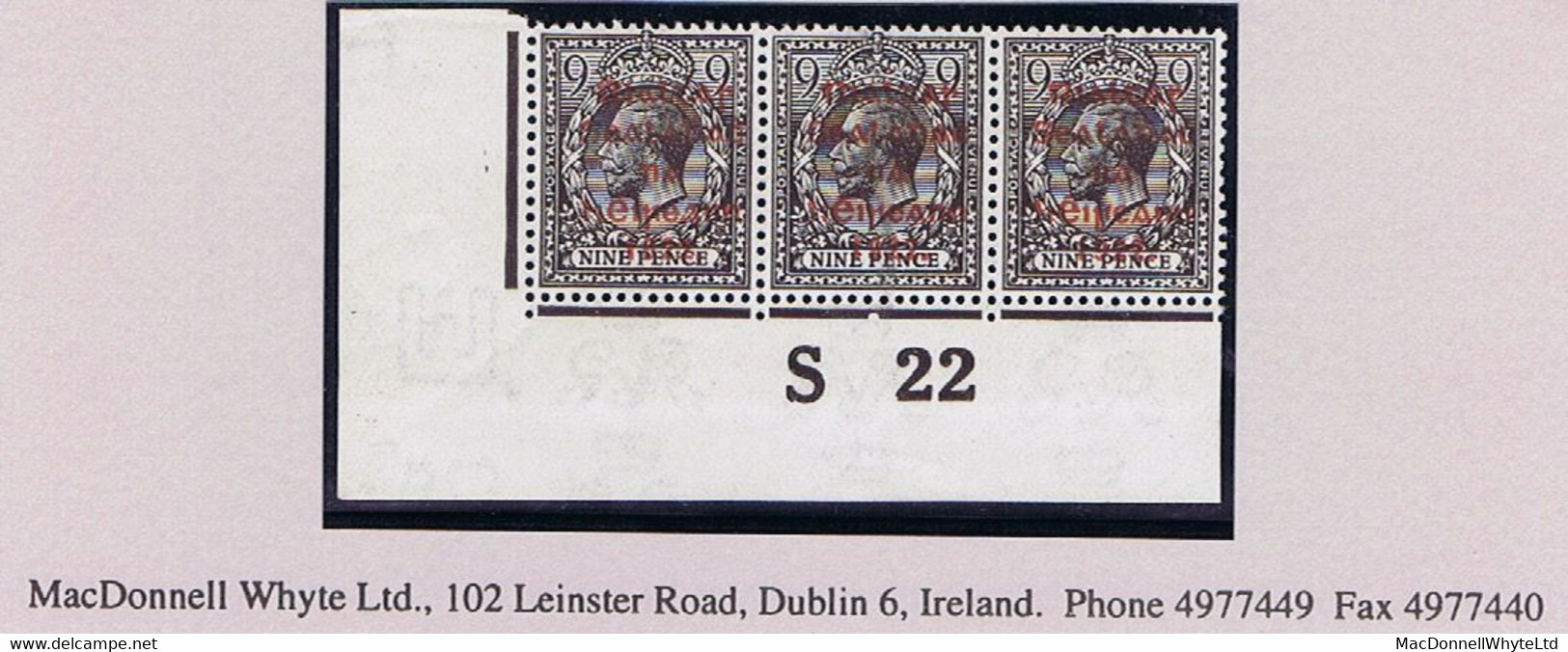 Ireland 1922 Thom Rialtas Ovpt In Red On 9d Agate Control S22 Imperf Corner Strip Of 3 Mint Stamps Unmounted - Ungebraucht